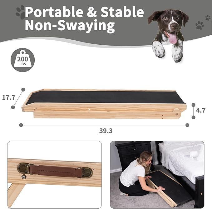 ABORON Antislip Dog Ramp, Adjustable Folding Pet Ramp for Small & Large Old Dogs & Cats, High Traction Portable Rubber Paw Ramps, Supports up to 200 lbs, Used for Bed Couch SUV, 39.3&