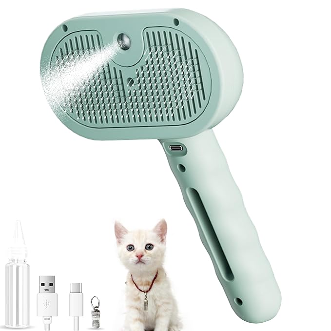 Cat Steam Brush 3 In 1,Pet Brush for Cat Hair Removal with Anti-Lost Pet Pendant,Spray Hair Removal Comb for Dogs Long Short Haired, Green