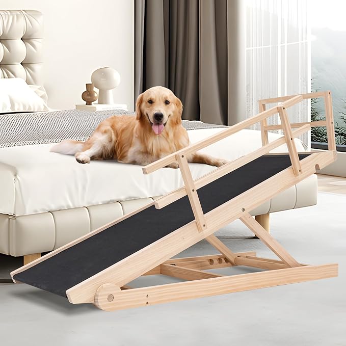 ABORON Folding Wooden Extra Long Dog Ramp, Non-Slip Rubber Mat, 63" Long for High Bed/Couch/Car, 5 Levels Adjustable Pet Ramp, 17.7&