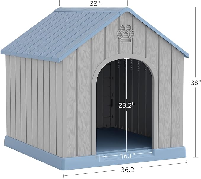 Large Dog House Outdoor Indoor for Medium Large Dogs, Durable Plastic Waterproof Doghouse with Air Vents and Elevated Floor, Easy Clean and Assemble (Blue, 36.2&