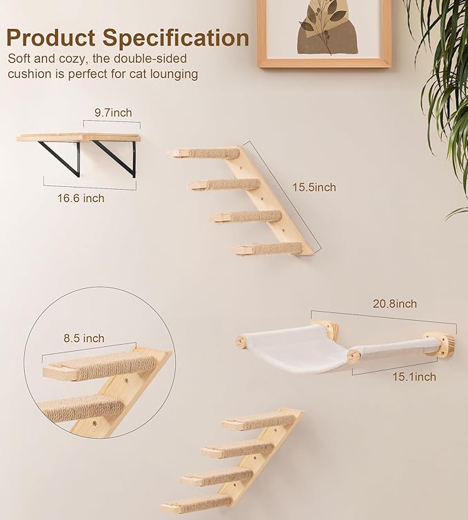 Cat Wall Shelves with 1 Floating Fabric Hammock, 2 Ladders with 4 Steps Each & 1 Flat Cat Shelf, Wall Mounted Bed Furniture & Climber, Indoor Playground