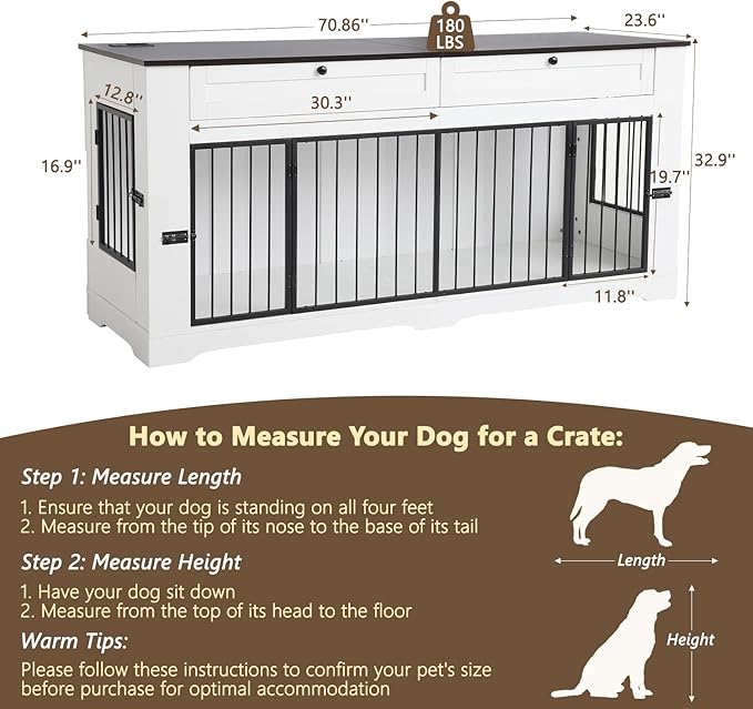 Large Dog Crate Furniture-Decorative Heavy Duty Dog Cage Indoor, Wooden Dog Cage End Table with Charging Station, Dog House with 2 Drawers (White, 70.86&
