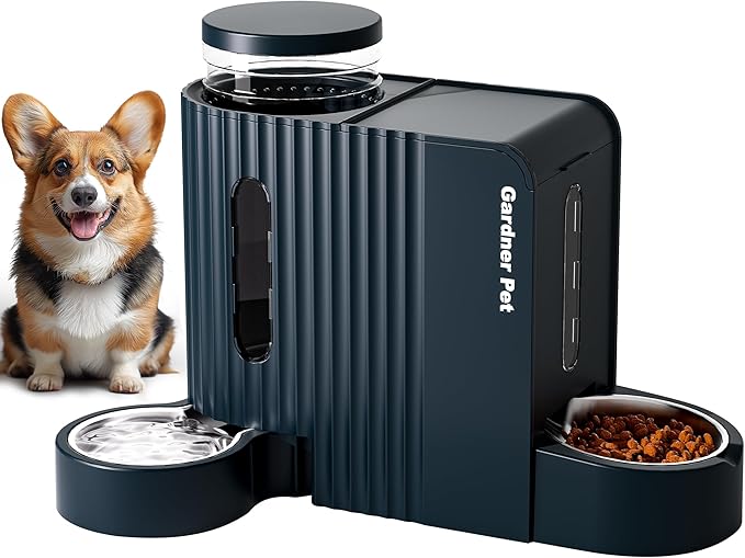 Gardner Pet Automatic Gravity Food Feeder and Water Dispenser, 1.8 Gallons*2 Stainless Steel Two-in-One Set Large Capacity Dispenser for Pets Dogs, Puppies, Kittens (Dark Blue)