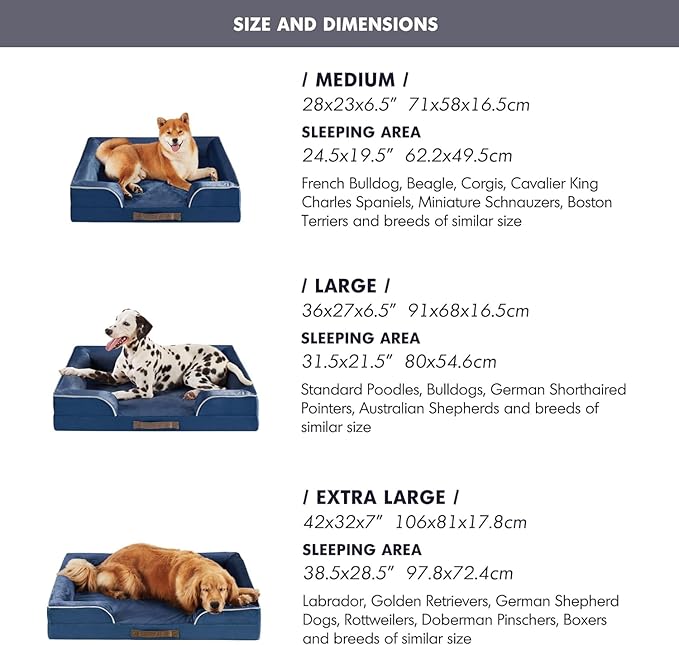 Friends Forever Orthopedic Dog Bed, Bolster Dog Bed with Memory Foam Pet Couch Sofa and Removable Washable Cover, Ally Navy, 42x32x7
