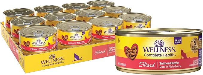 Wellness Complete Health Sliced Adult Wet Cat Food, Natural, Protein-Rich, Grain Free, 5.5 Ounce, 24 Pack, (Salmon Entrée)