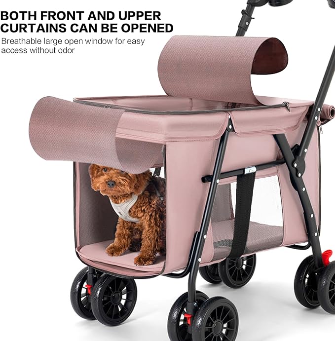 Pet Stroller Cat Dog Stroller Travel Folding Pet Carriers(Pink)
