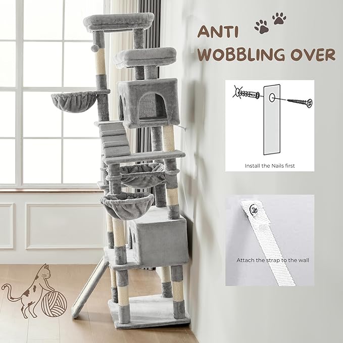 Cat Tree, 80-Inch Large Cat Tower with 9 Scratching Posts, 2 Perches, 2 Caves, 2 Basket, 2 Stairs, Extra Large Hammock, Pompoms, Multi-Level Plush Cat Condo for Indoor Cats/Light Grey