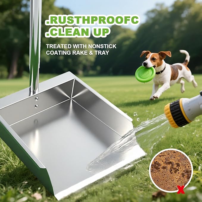Heavy Duty Metal Pooper Scooper, Dog Pooper Scooper for Large Medium Dogs Long Handle Stainless Tray and Rake Set,Extremely Durable Metal Stainless Steel Dustpan for Indoor Outdoor Cleaning 。