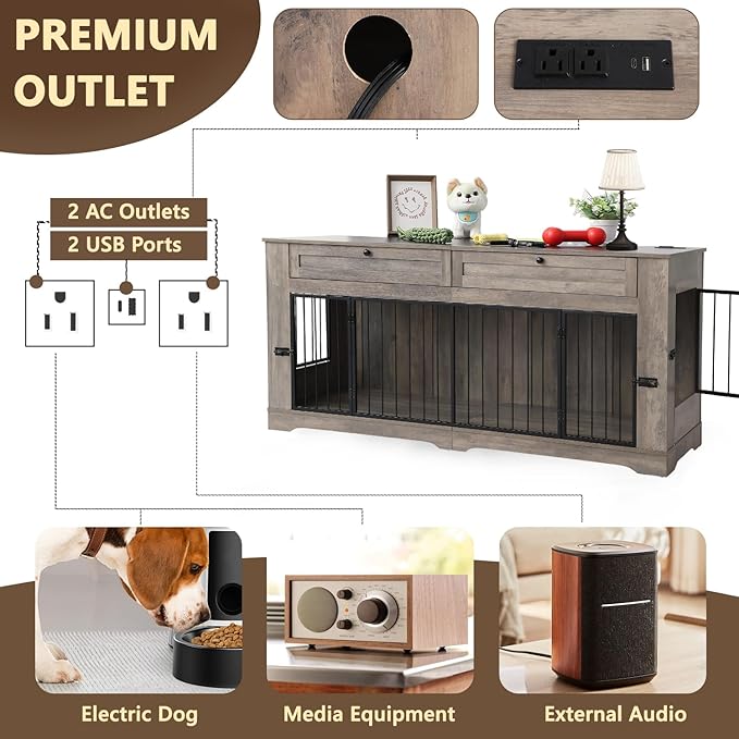 Large Dog Crate Furniture-Decorative Heavy Duty Dog Cage Indoor, Wooden Dog Cage End Table with Charging Station, Dog House with 2 Drawers (Gray, 70.86&