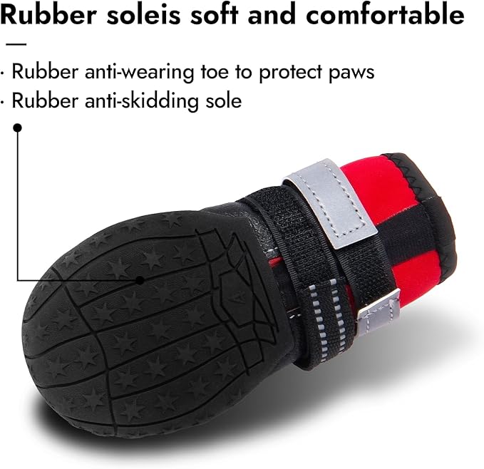 Dog Shoes, Waterproof Dog Boots & Paw Protectors with Anti-Slip Sole, 4pcs/Set Pet Dog Booties, Reflective Dog Shoes for Small Medium Large, Winter Snowy Summer Hot Pavement (Red, 8