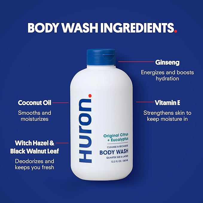 Huron Shower Kit - Shampoo, Conditioner, & Body Wash For Men - Citrus + Eucalyptus Scent - Hydrating & Nourishing Men&