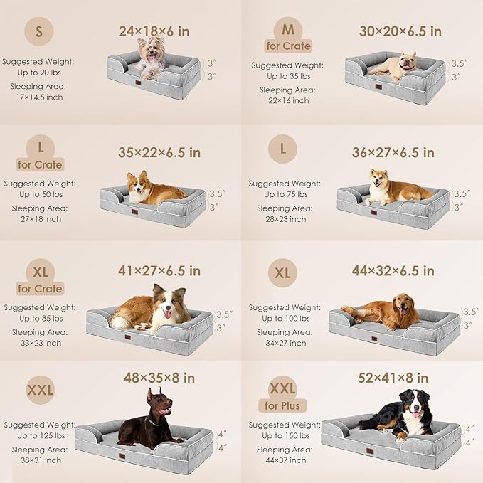 EHEYCIGA Orthopedic Dog Beds for Large Dogs, Waterproof Memory Foam Large Pet Bed with Sides, Non-Slip Bottom and Egg-Crate Foam Dog Couch Bed with Washable Removable Cover, Grey