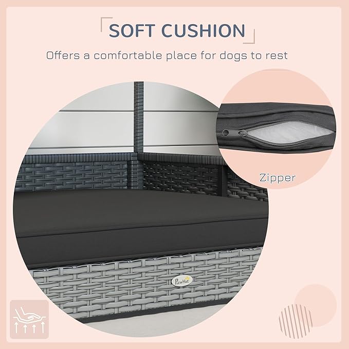 PawHut Wicker Dog House Outdoor with Canopy, Rattan Dog Bed with Water-Resistant Cushion, Raised Dog Bed for Small, Medium Dogs up to 66 lbs, 19.75" in Length, Silver Wicker, Gray Cushion
