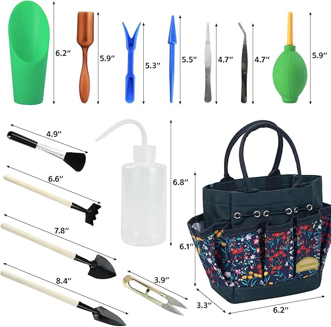 Succulent Tools Kit with Organizer Bag- 13Pcs Indoor Gardening Tools |Mini Succulent Hand Tools with Tote, Succulent Transplanting Supplies, Present for Gardeners Plant Care (Navyblue) 