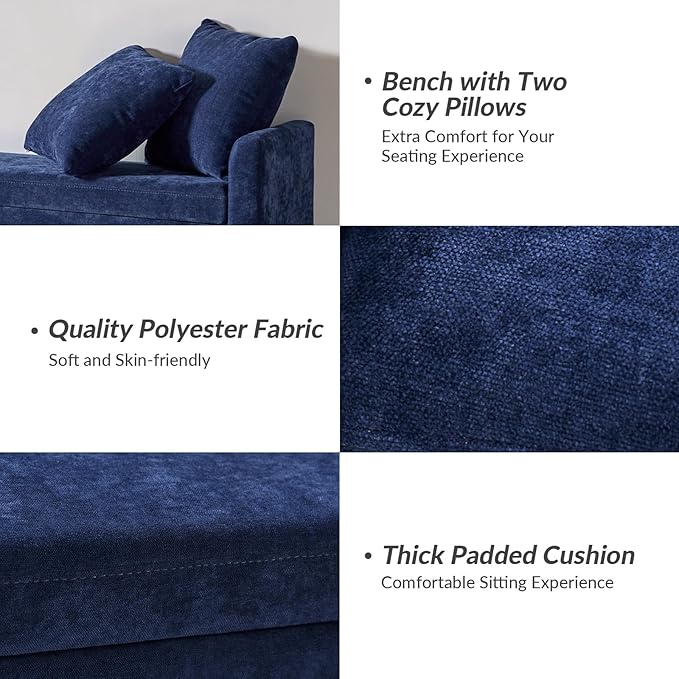 HULALA HOME Modern Storage Ottoman Bench with Throw Pillows, 59.4" Extra Long Bedroom Bench for End of Bed, Comfy Upholstered Footstool for Entryway Living Room Dining Room, Navy