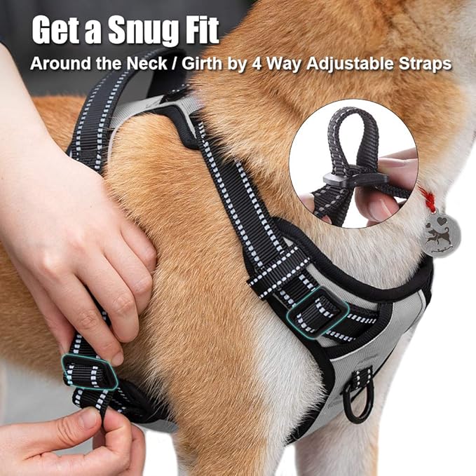 PoyPet No Pull Dog Harness, Reflective Comfortable Vest Harness with Front & Back 2 Leash Attachments and Easy Control Handle Adjustable Soft Padded Pet Vest for Small to Large Dogs (Gray,M)