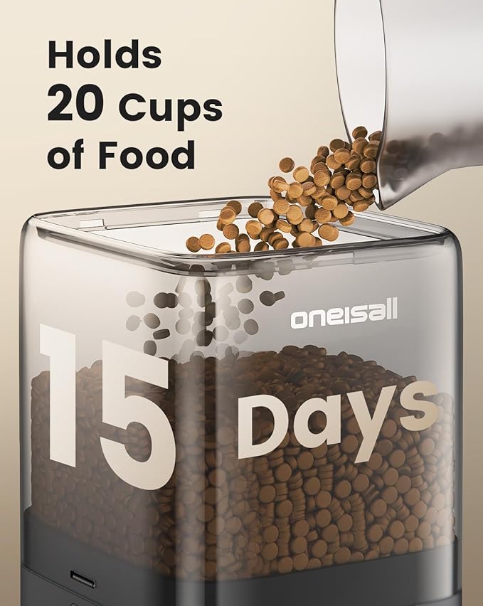 oneisall Automatic Cat Feeders 2 Cats, 20 Cups/5L Cat Auto Feeder, Automatic Cats Food Dispenser for Small Pets Indoor, Timed Pet Feeder for Dry Food