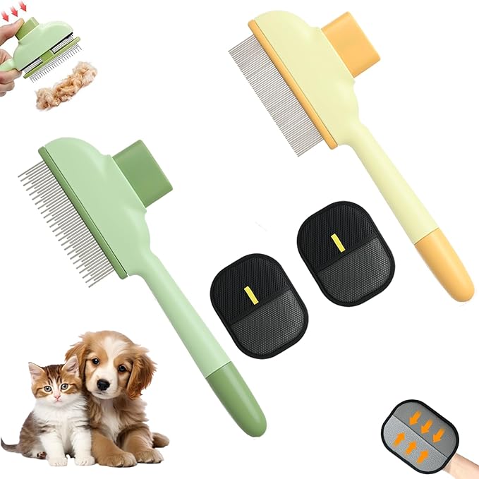 2 Pet Hair Removal Gloves, 2 Flea Combs for Cats and Dog,Reusable Electrostatic Gloves and Long & Short Flea Combs, 4 PCS pet hair removal tools