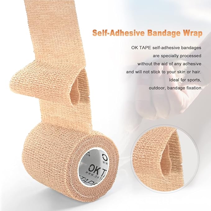 OK TAPE Self Adherent Cohesive Bandages Wrap - 12Packs, 2" x 5 Yards, Non-Woven Self Adhesive Bandage Wrap for Thumb, Finger, Wrist, Ankle, Vet Wrap Bandages Tape (Mixed Colors)