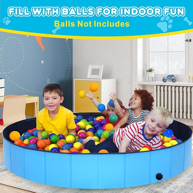 Foldable Dog Pool - 63" x 12" Anti-Slip Portable Dog Swimming Pool, Hard Plastic Collapsible Kiddie Pool for Outdoor and Indoor for Pets Dogs Cats and Kids