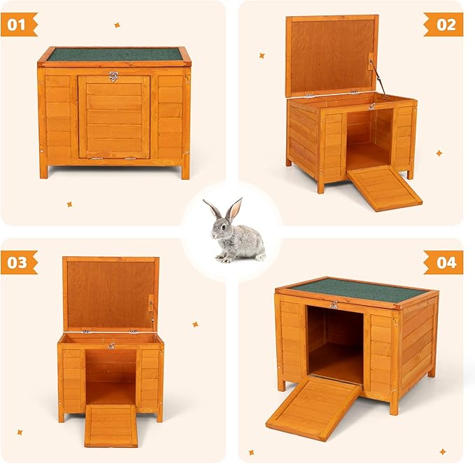 COZIWOW 24inches Wooden Catio Outdoor Cat House Small Animal House,Rabbit Hutch Indoor,Stable Weatherproof Bunny Cage Pet Shelter for Small Cat Dog Rabbit Guinea Pig(Orange)