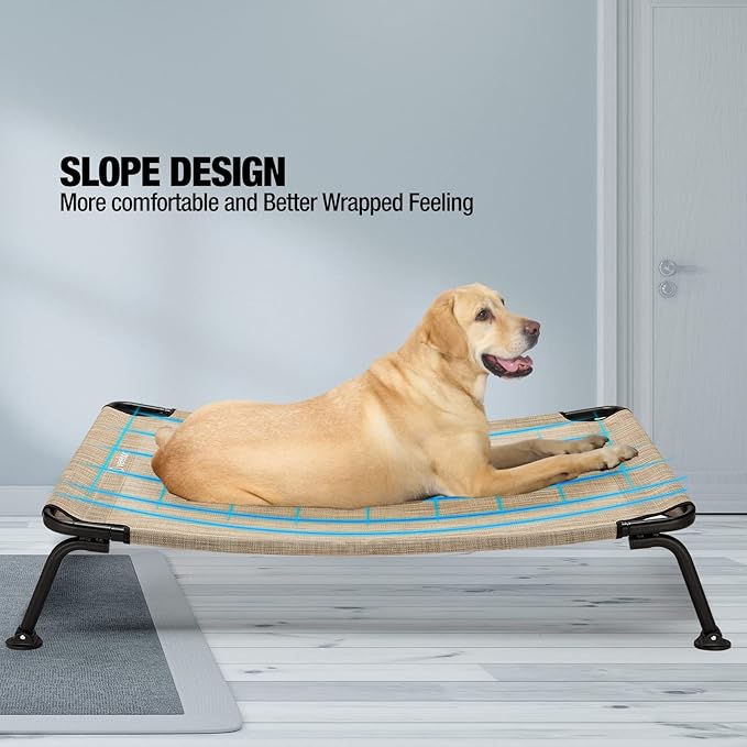 Veehoo Outdoor Elevated Dog Bed, Cooling Raised Dog Cots Beds for Medium Dogs, Portable Waterproof Curved Dogs Hammock Bed for Outside, up to 100lbs, Black Legs, Beige 32"