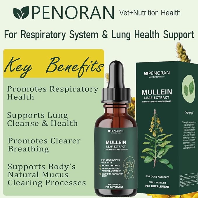 Pet Mullein Leaf Extract Drops for Dogs & Cats Hoarseness, Cough, Easy Breathing, Lung Cleanse and Support, Better Lungs, Soothes Throat Discomfort - 100% Natural and Efficient 