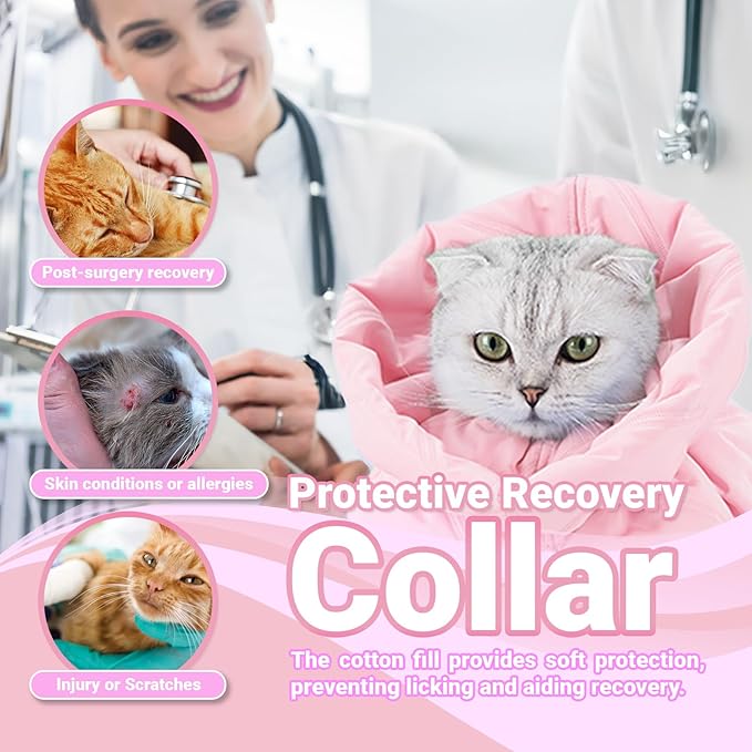 Cat Recovery Collar, Soft Adjustable Cone for Cats and Kittens, Lightweight Waterproof Elizabethan Collar for After-Surgery Care, Prevent Licking and Scratching, Neck Protector for Pets(Pink,M)