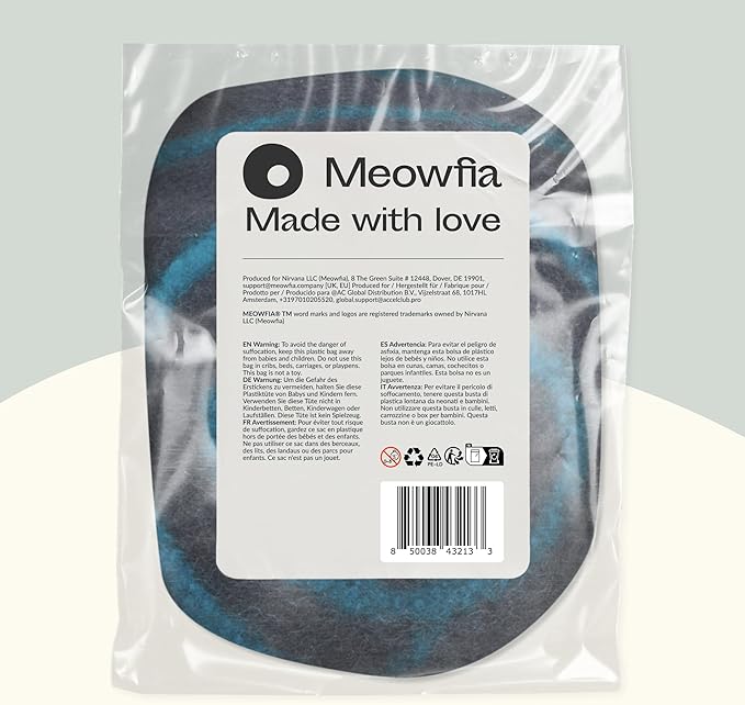 MEOWFIA Cat Cave – Premium Felt Cat Bed for Indoor Cats, Handmade 100% Merino Wool (Large, Black Aqua)