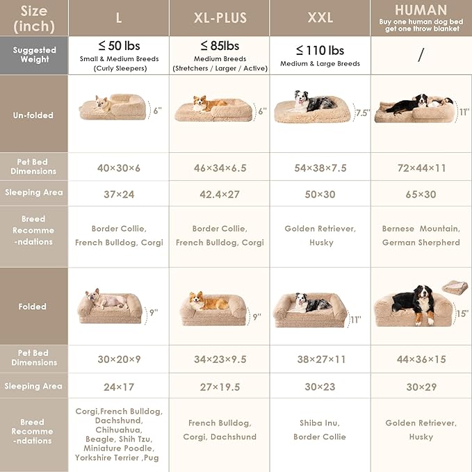 EHEYCIGA Foldable Dog Bed, Faux Fur Fluffy Dog Couch Bed, Orthopedic Calming Memory Foam Pet Bed for Small Dogs, Washable Soft Warm Pet Sofa Bed with Non-Slip Bottom, Camel, 40"x30"x6"