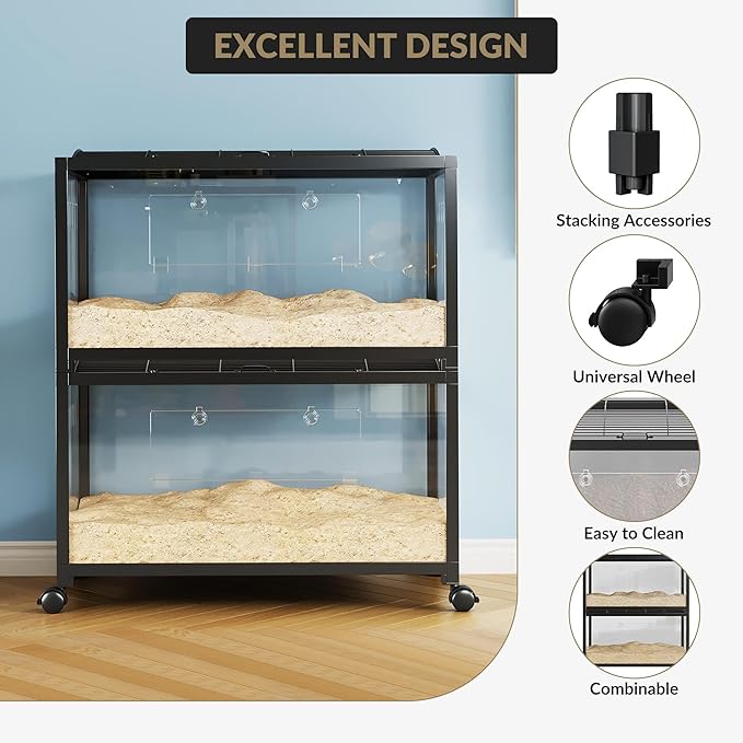 Large Metal Hamster Enclosure Rat Cage with 360 Viewing Acrylic Sides, Ventilated Front Door & Openable Top, Portable Hamster Tank for Guinea Pig, Chinchilla, Gerbil, 37.8&
