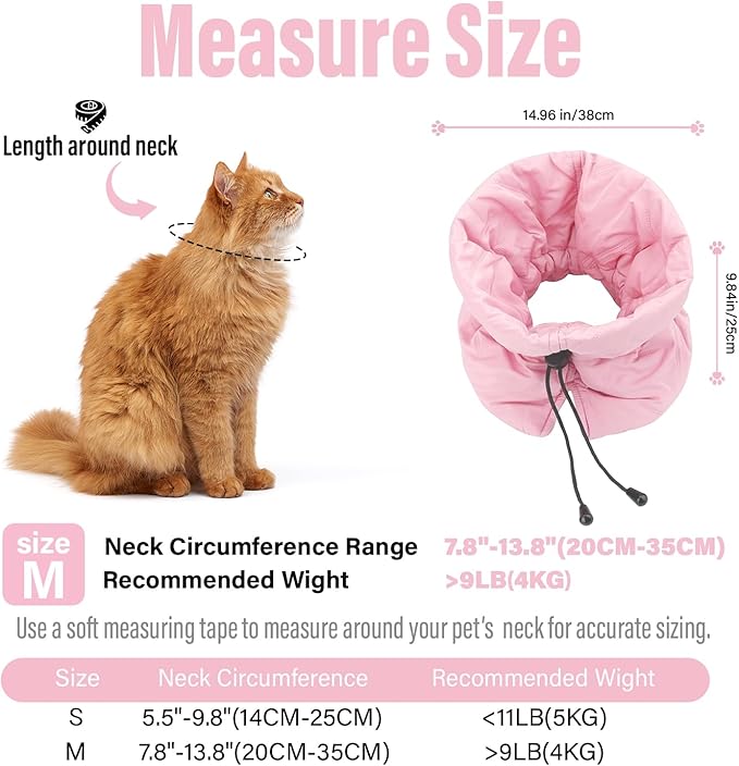 Cat Recovery Collar, Soft Adjustable Cone for Cats and Kittens, Lightweight Waterproof Elizabethan Collar for After-Surgery Care, Prevent Licking and Scratching, Neck Protector for Pets(Pink,M)