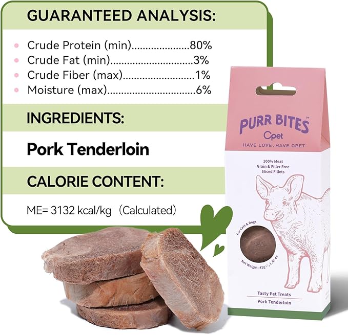 OPET Freeze Dried Cat Treats, Single Ingredient Grain Free High Protein Pet Food for Cats and Dogs, Healthy Training Snacks,Freeze Dried Pork Sliced Fillets (Pork, 1.48 Ounce)