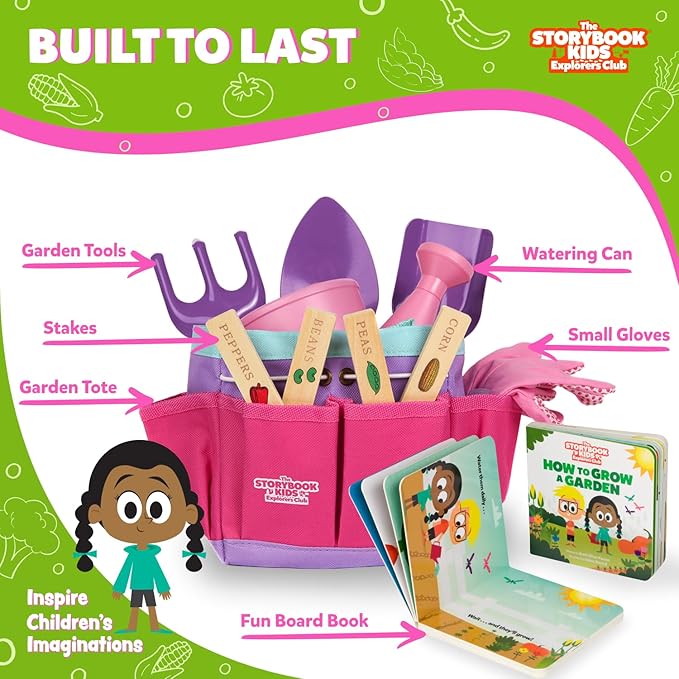 Pink Kids Gardening Tools - includes Sturdy Tote Bag, Watering Can, Gloves, Shovels, Garden Stakes, and a Delightful Children&