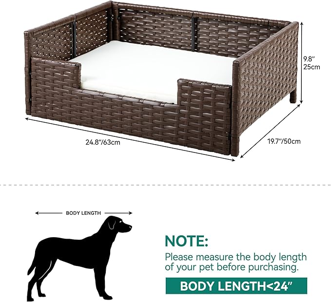 YITAHOME Rattan Dog Sofa Bed with Cushion,Wicker Pet Bed Sofa Couch Indoor Outdoor Water Unaffected for Large Medium Small Dogs Cats (24.8&