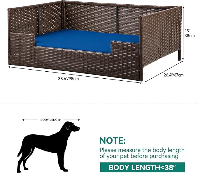 YITAHOME Rattan Dog Sofa Bed with Cushion, Wicker Pet Bed Sofa Couch Indoor Outdoor Waterproof for Large Medium Small Dogs Cats (38.6&