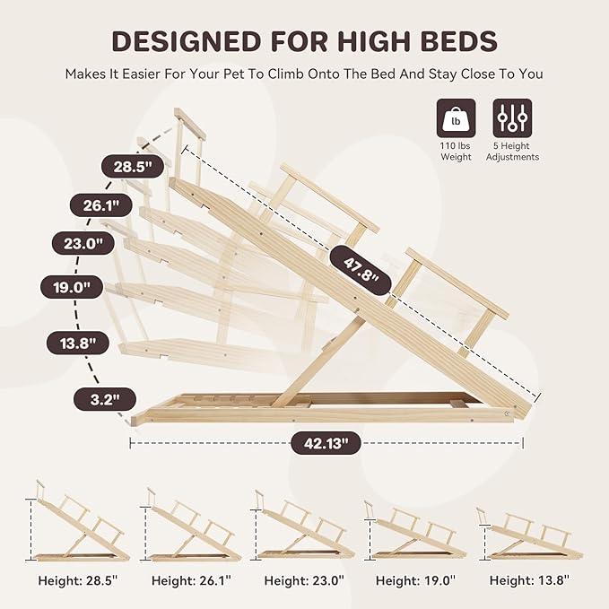Dog Ramp for Bed PANTAZO Adjustable Ramps for Small Dogs to Get on Bed, Up to 28.5 Inches, 48&