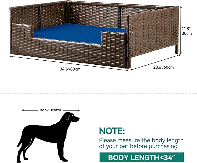 YITAHOME Rattan Dog Sofa Bed with Cushion,Wicker Pet Bed Sofa Couch Indoor Outdoor Water Resistant for Large Medium Small Dogs Cats (34.6&