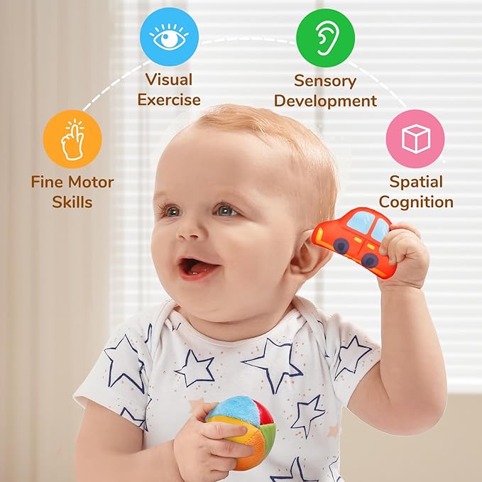 JoyCat Baby Toys 6-12 Months - Mystery Soft Box with 10 Sensory Objects, Rattle, Crinkle Paper, Mirror - What&