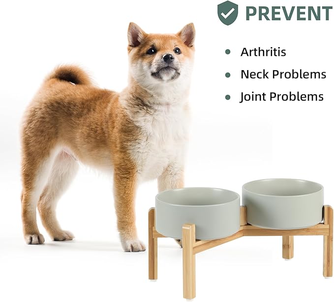 Ceramic Raised Double Bowls Set with Stand, Food & Water Bowls for Medium Breed Dogs, Weighted Dog Dishes, Pet Bowl(7.3&