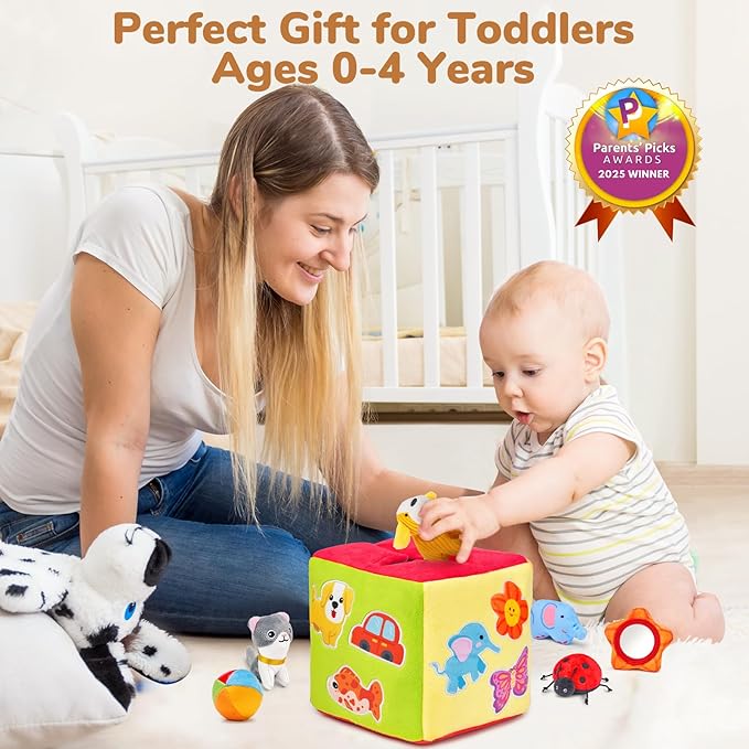 JoyCat Baby Toys 6-12 Months - Mystery Soft Box with 10 Sensory Objects, Rattle, Crinkle Paper, Mirror - What&
