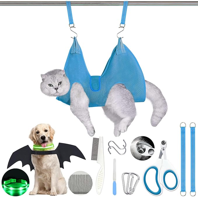 JIURUN Cat Grooming Hammock for Nail Trimming, Pet Grooming Hammock(XS),Trimmer, Nail File, Pet Comb,for Cats Dogs LED Collar Light Rechargeable and Bat Costume Wings
