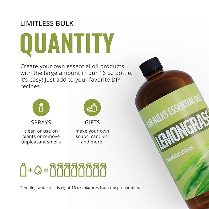 Lemongrass Essential Oil 16 oz (473 ml) for Diffusers, Home Care, Candles, Hair, Lemon Grass Spray