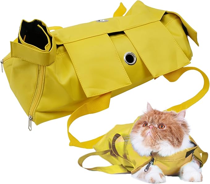 Kukaster Pet Cat’s Restraint Bag for Claw Care Nail Trimming Anti-Scratching Grooming Bag for Cats Medical Examination(Yellow-l