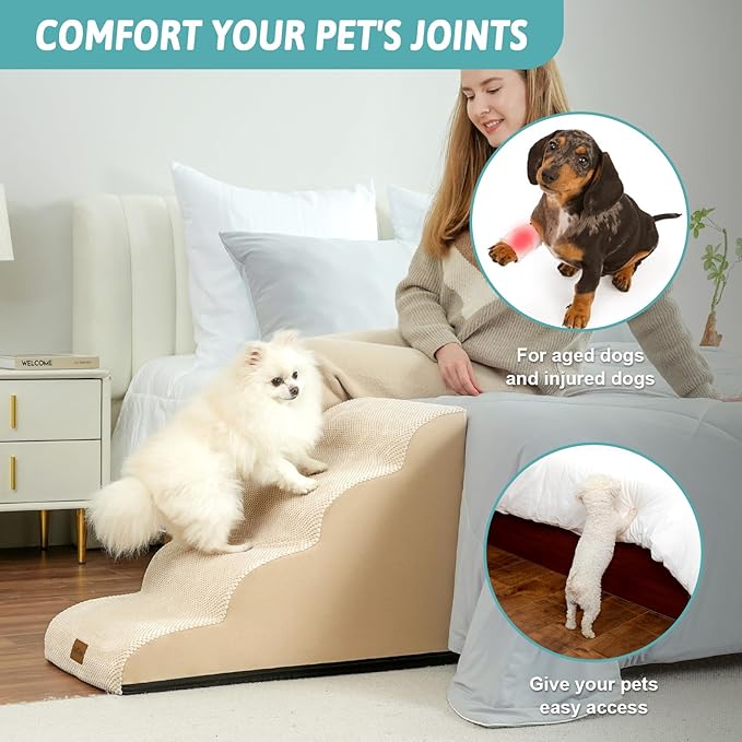 Dog Stairs for Small Dogs 19.7" H, Curved Dog Step for Puppy, Older or Cat, Medium Pet Ramp for Sofa, Couch or Bed, Ladder with High Density Foam, 15.7x28.3x19.7 inch, 4 Step, Beige