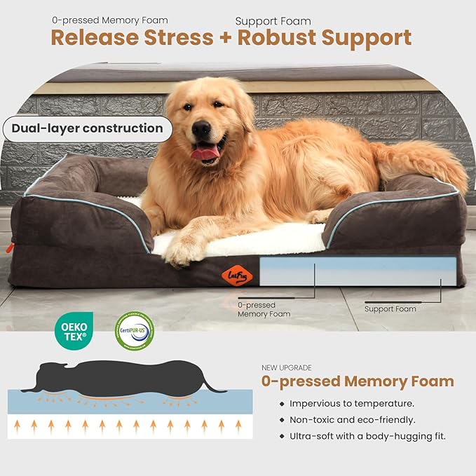 Laifug Large Orthopedic Premium Memory Foam Dog Bed, Dog Sofa with Washable and Removable Suede Cover, Waterproof Liner and Non-Slip Bottom Grey, Large(40&