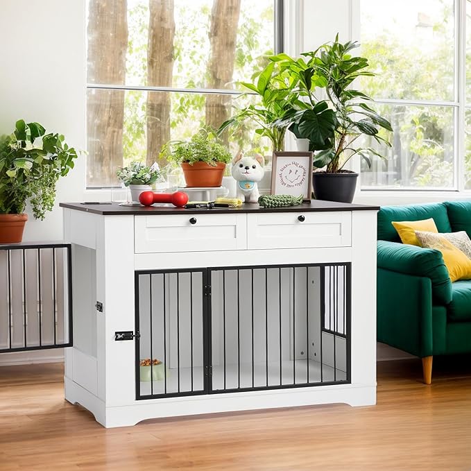 Large Dog Crate Furniture-Decorative Heavy Duty Dog Cage Indoor, Wooden Dog Cage End Table with Charging Station, Dog House with 2 Drawers (White, 47.2&