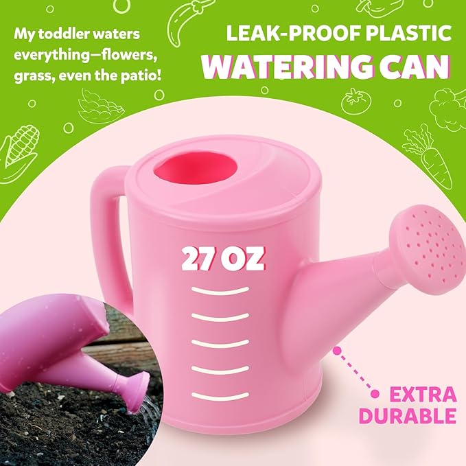 Pink Kids Gardening Tools - includes Sturdy Tote Bag, Watering Can, Gloves, Shovels, Garden Stakes, and a Delightful Children&