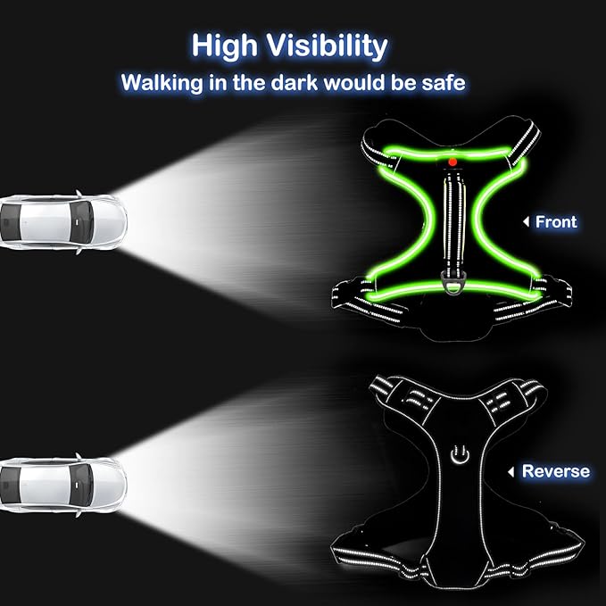 Rechargeable LED Dog Harness - No Pull, 4 Point Adjustable, Small/Medium/Large/X-Large Sizes