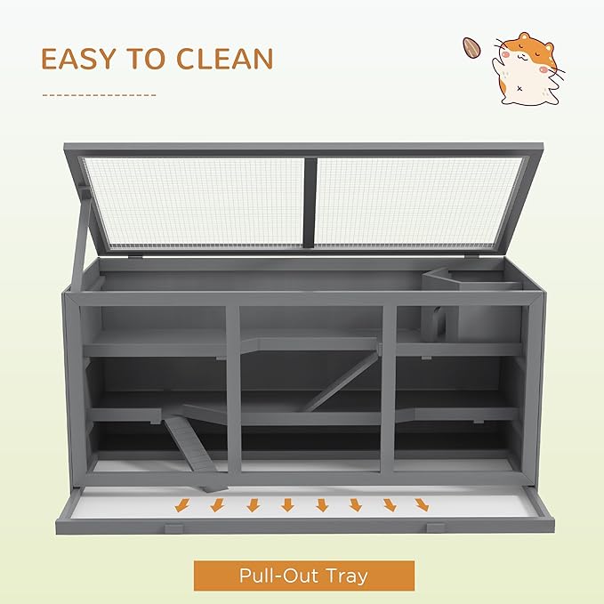 PawHut 45" Extra Large Wooden Hamster Cage, 3-Layer Chewproof Rat Cage with Opening Roof, Hut, Ramps, for Gerbil, Dwarf & Syrian Hamsters, Gray